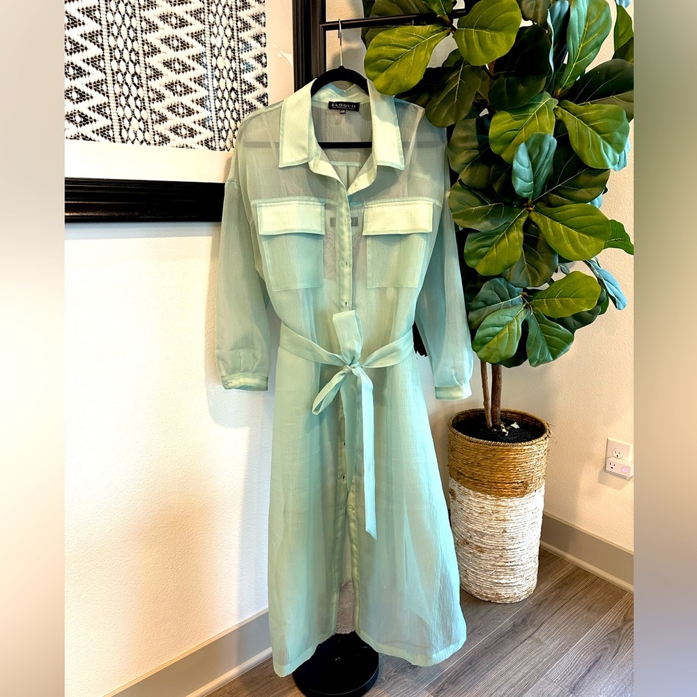 ELOQUII Organza Seafoam/Mint Belted Shirt Dress